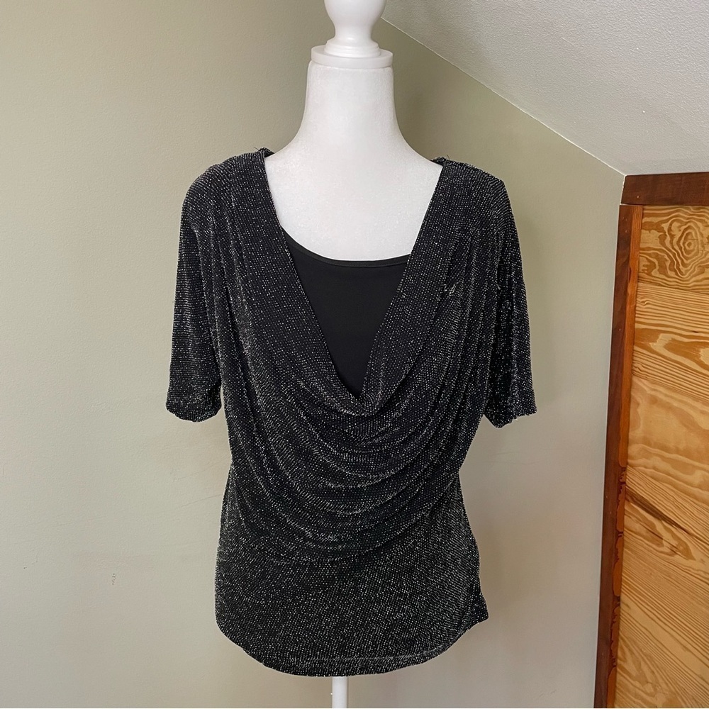 Connected Apparel Black Metallic Cowl Front Top Small